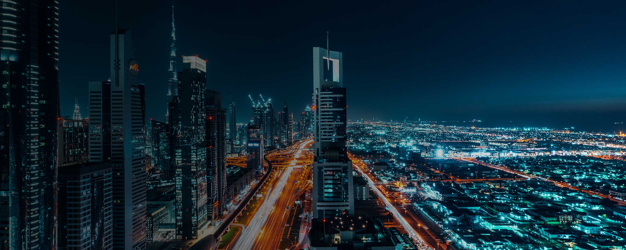 City skyline at night.