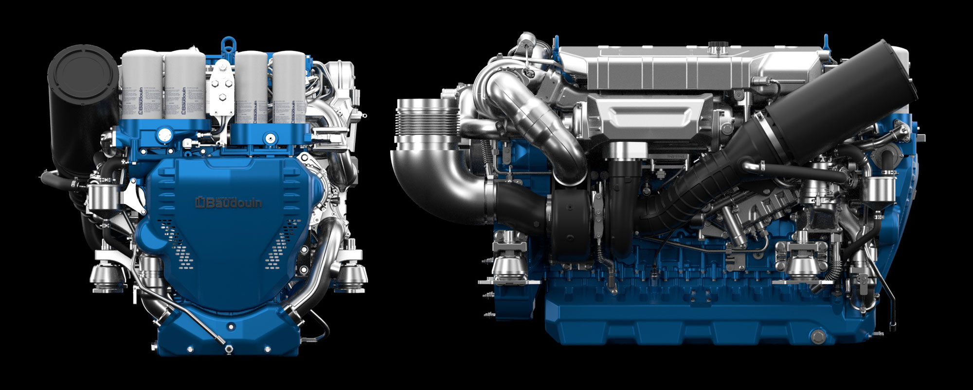 A back and side view of the Moteurs Baudouin 6F21 marine engine.
